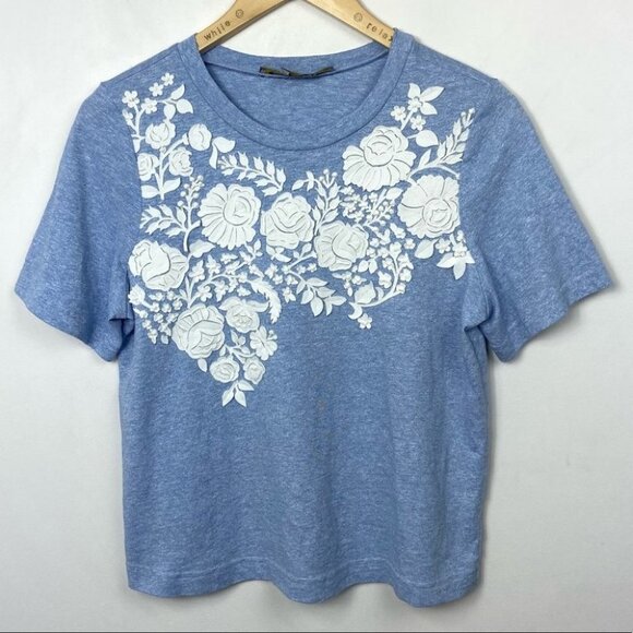 Anthropologie Pankaj Nidhi Blue Tee Embroidered Size Small Short Sleeve Top Boho - Picture 8 of 8